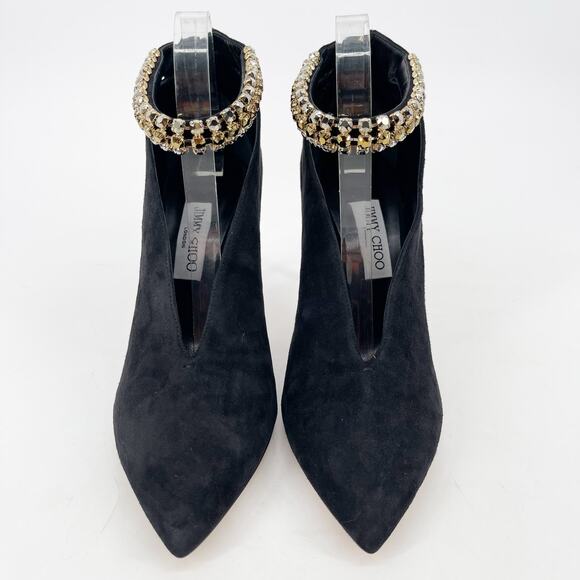NWB Jimmy Choo Lux 100 Black Suede Gold Crystal Ankle Strap Vamp Bootie IT 41 - Picture 6 of 14